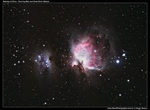 A photograph of the Nebulas Of Orion - Running Man and Great Orion Nebula M42